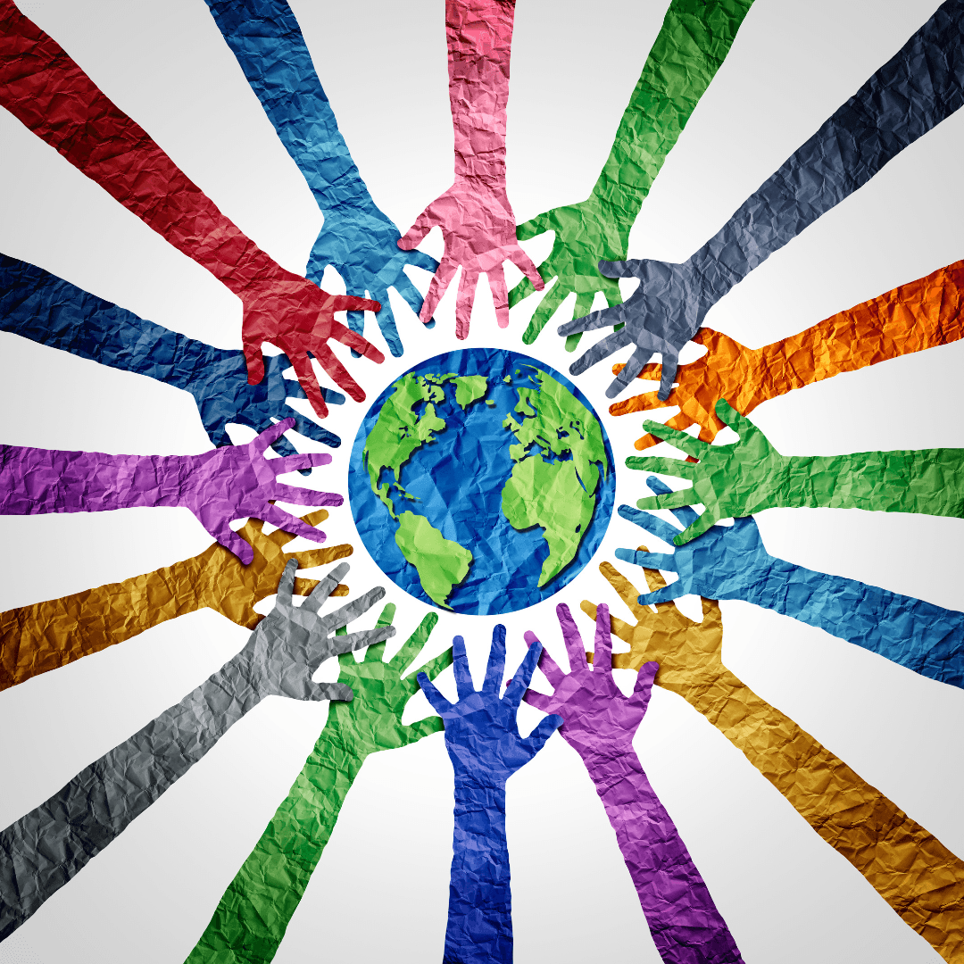 Colourful hands surrounding a globe, symbolising diversity and shared responsibility