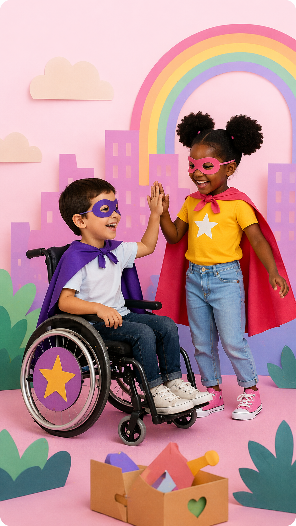 A child in a wheelchair high fiving another child that is standing