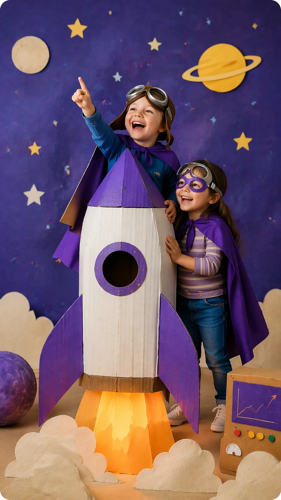 Two children playing in a cardboard rocket ship