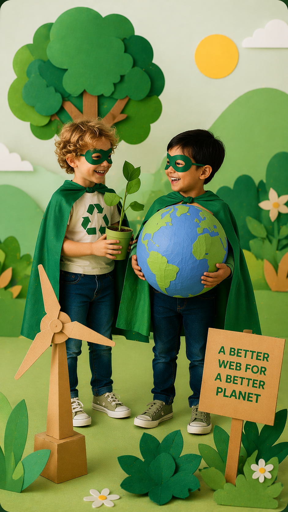 Two children holding with a green eco related background, a message of a better web for a better planet is shown