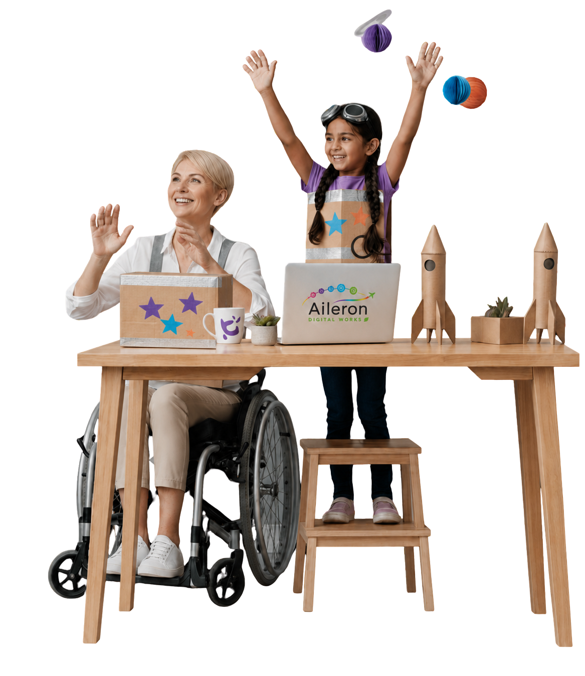A lady in a wheelchair with a child, looking excited